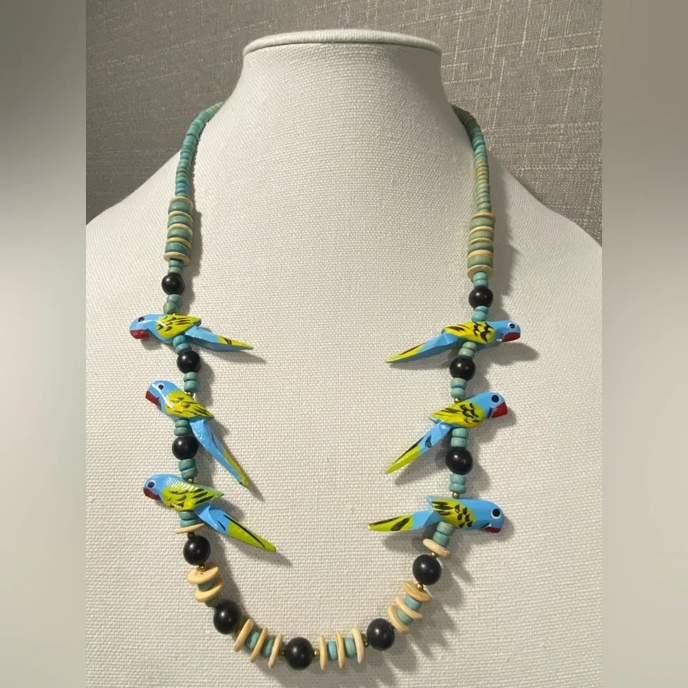 Wooden Beaded Tropical Bird Necklace - Picture 1 of 3